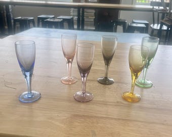 Vintage MCM Rainbow Liqueur Glasses Set – Hand Blown Multi-Color Stemware, 6pc