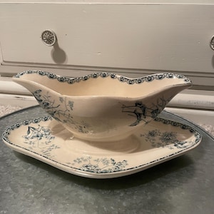 Large Antique Boulanger Roscoff French Teal Ironstone Transferware Sauce dish