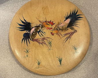 Vintage Wooden Roosters Hinged Hamburger Press with Label  Made in Japan 7"