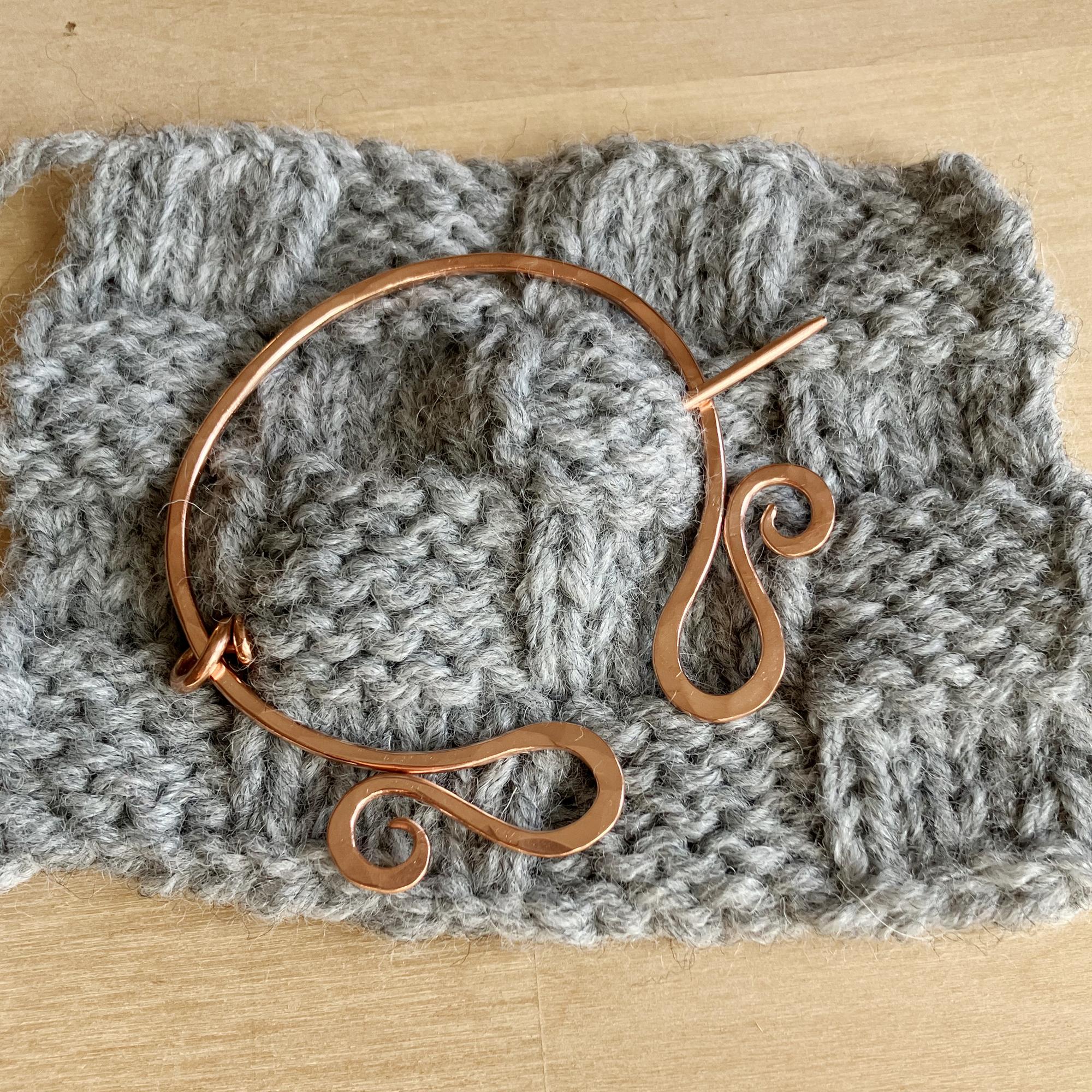 Copper Brooch, Copper Shawl Pin, Penannular Pin, Scrollwork Pin, Gift for Knitter, Gift for Crocheter - Thumbnail 2