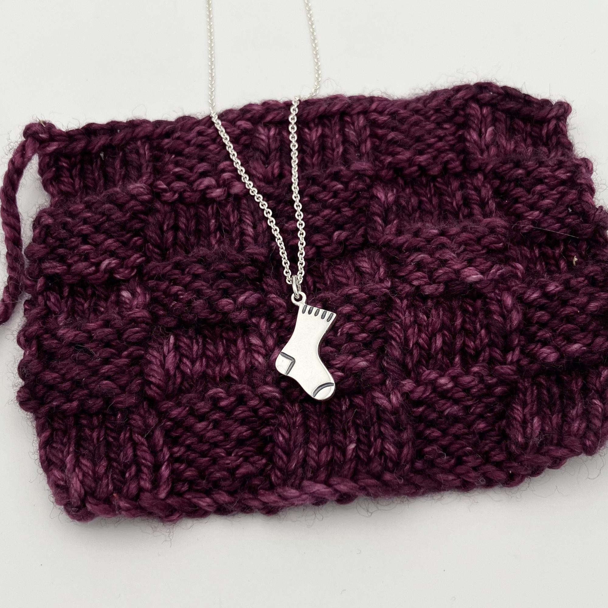 Sock Charm, Hand Knit Sock, Sock Necklace, Silver Sock Charm, Gift For Knitter, Knitting Jewelry, Sock Jewelry, Knitting Jewelry