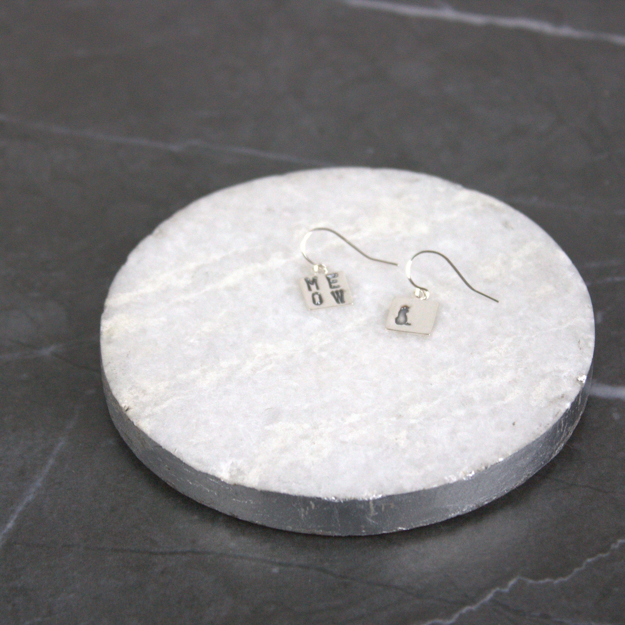 Cat earrings, MEOW/Cat Earrings, dangle earrings, gift for cat person, gift for sister, gift for mom, silver earrings, word earrings
