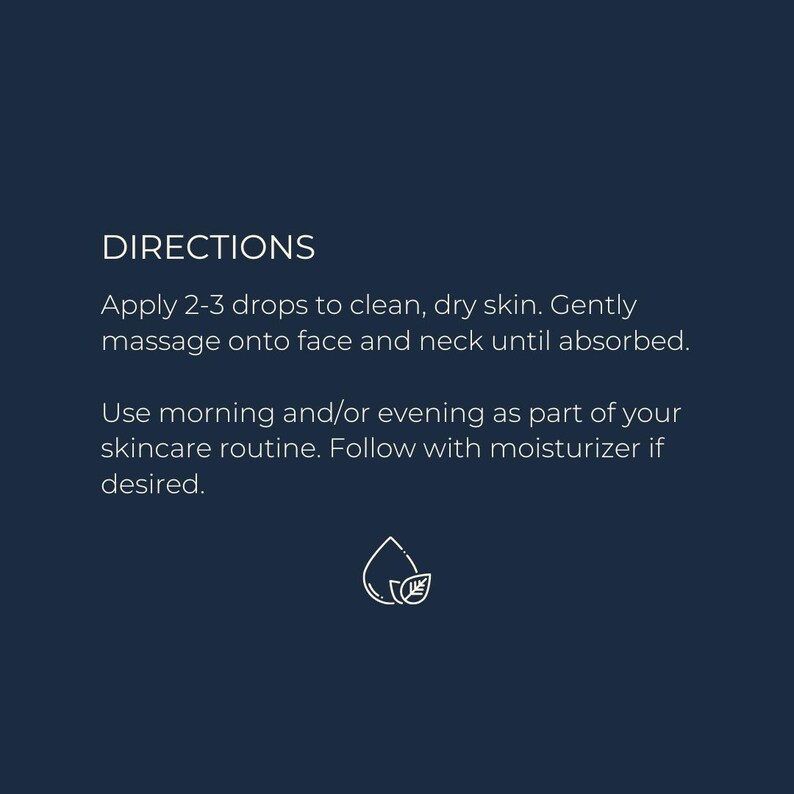 May include: A dark blue background with white text. The text reads "DIRECTIONS" and provides instructions for applying a skincare product. It advises applying 2-3 drops to clean, dry skin and using it in the morning and/or evening.