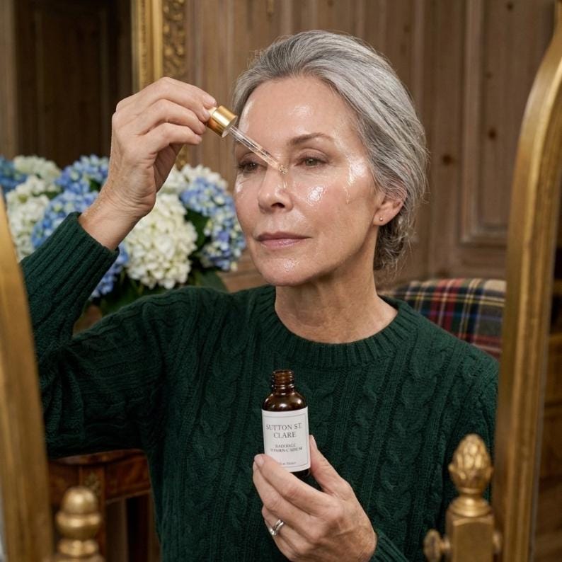 May include: A woman applying facial serum from a brown glass bottle with a dropper. The bottle is labelled "Hutton St Clare". She is wearing a dark green cable knit jumper. The background includes a mirror and a floral arrangement.