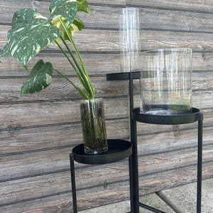 May include: A black metal plant stand with three tiers. The top tier has a clear glass cylinder vase, the middle tier has a clear glass cylinder vase, and the bottom tier has a clear glass cylinder vase with a green plant inside.