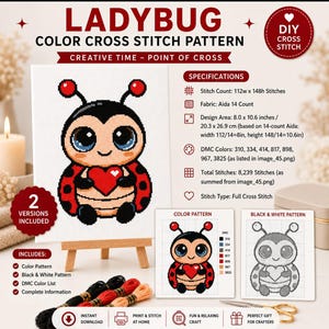 Cute Ladybug Cross Stitch Pattern PDF | Kawaii Bug Embroidery Pattern | Digital Download | Color & Black White Chart | DIY Gift