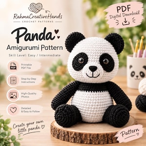 Könnte beinhalten: Eine digitale PDF-Häkelanleitung für ein Panda-Amigurumi-Spielzeug. Der Text enthält RahmaCreativeHands, Panda Amigurumi Pattern, Skill Level: Easy / Intermediate, Printable PDF File, Step-by-Step Instructions, High-Quality Photos und Detailed & Easy to Follow.