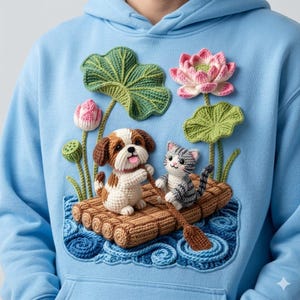 Puede incluir: Sudadera con capucha azul claro con un diseño de ganchillo que presenta un perro y un gato en una balsa, rodeados de nenúfares y flores de loto de ganchillo. El perro es marrón y blanco, y el gato es gris y blanco.