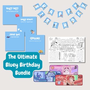 Bluey Birthday Bundle - Party Favors - Bunting - Personalised Activity Mat - DIY