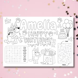 Bluey Birthday Coloring Mat – Customisable Name | Printable Party Activity | Instant Download | Bluey Party Decor