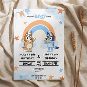 Joint Bluey/Bingo – digitale uitnodiging voor verjaardagsfeestje – direct te downloaden en bewerkbaar via canva