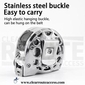 May include: A shiny, stainless steel buckle with a high-elastic hanging design. The text on the image reads "Stainless steel buckle, Easy to carry, High elastic hanging buckle, can be hung on the belt."