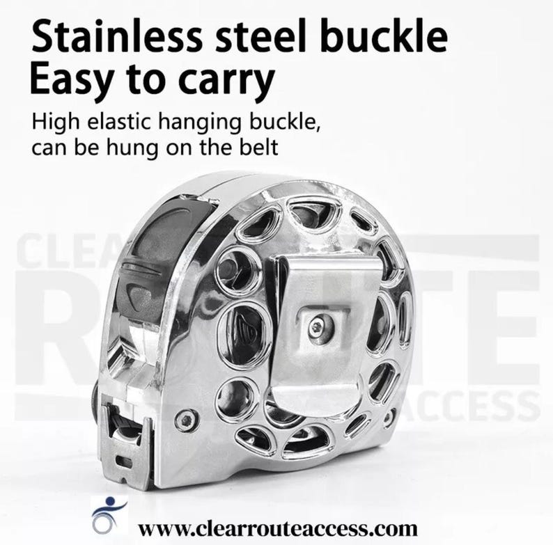 May include: A shiny, stainless steel buckle with a high-elastic hanging design. The text on the image reads "Stainless steel buckle, Easy to carry, High elastic hanging buckle, can be hung on the belt."
