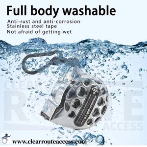 May include: A stainless steel measuring tape submerged in water. The tape measure is silver with a black label and a hook. Text on the image reads: "Full body washable, Anti-rust and anti-corrosion, Stainless steel tape, Not afraid of getting wet."