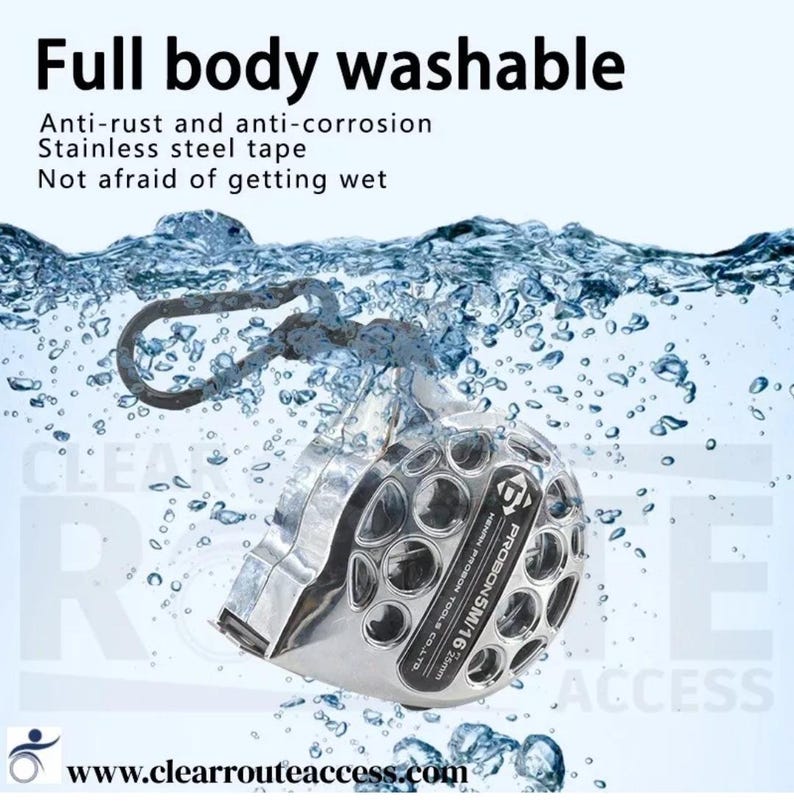 May include: A stainless steel measuring tape submerged in water. The tape measure is silver with a black label and a hook. Text on the image reads: "Full body washable, Anti-rust and anti-corrosion, Stainless steel tape, Not afraid of getting wet."