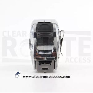 May include: A chrome-colored tape measure with a black top and a metal clip. The tape measure has a rectangular shape and is designed for measuring distances. The website www.clearrouteaccess.com is visible.