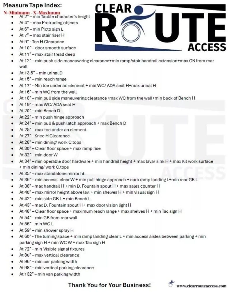 May include: A white document titled "Measure Tape Index" with a list of measurements and clearances. The document includes the text "CLEAR ROUTE ACCESS" and a logo. The bottom of the document says "Thank You for Your Business!"