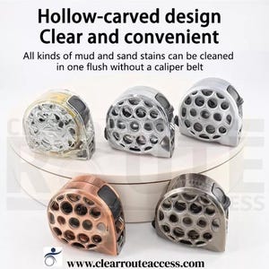 May include: An assortment of hollow-carved design tools in clear, silver, bronze, and gunmetal finishes. The text reads "Hollow-carved design Clear and convenient" and "All kinds of mud and sand stains can be cleaned in one flush without a caliper belt."