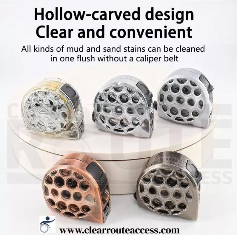 May include: An assortment of hollow-carved design tools in clear, silver, bronze, and gunmetal finishes. The text reads "Hollow-carved design Clear and convenient" and "All kinds of mud and sand stains can be cleaned in one flush without a caliper belt."