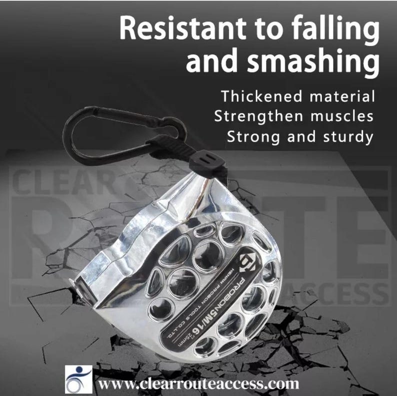 May include: A silver and black measuring tape with a black carabiner clip. The text on the image reads "Resistant to falling and smashing." The measuring tape is labeled "PROBON 5M/16 25mm."