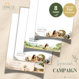 May include: A set of eight printable PDF pages featuring lined stationery with illustrations of people in outdoor settings, the text "IS IT POSSIBLE TO enjoy life forever?" and "PLEASE VISIT JW.ORG," along with a "8 PAGES" and "PRINTABLE PDF DOWNLOAD" badge.