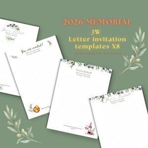 Può includere: Modelli di inviti per lettere bianche con illustrazioni di rami d'ulivo e vino. Il testo recita "2026 MEMORIAL JW Letter invitation templates X8" e "You're Invited!" con la data. Lo sfondo è verde tenue.