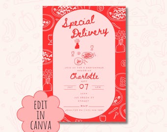Italian pizza baby shower invitation, Special Delivery themed baby shower invite, Hand drawn minimalist baby invite, Baby shower template