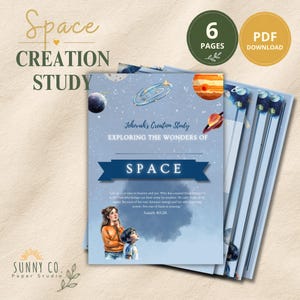 May include: A six-page digital PDF study guide titled Space Creation Study: Exploring the Wonders of Space. The cover features illustrations of planets, a galaxy, and two people looking upward, with the Bible verse Isaiah 40:26 printed below.