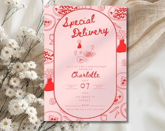 Italian pizza baby shower invitation, Special Delivery themed baby shower invite, Hand drawn minimalist baby invite, Baby shower template