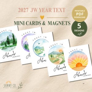 May include: Five rectangular cards featuring watercolor landscape illustrations within circular frames. Each card displays the text TRUST IN JEHOVAH PSALMS 115:11. The designs include forests, mountains, and sunrises. Text at the top reads 2027 JW YEAR TEXT MINI CARDS & MAGNETS.