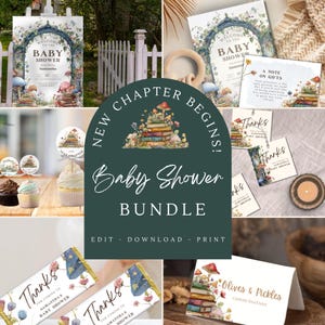May include: A baby shower bundle featuring a welcome sign, invitations, thank you cards, cupcake toppers, and chocolate bar wrappers. The design includes floral and mushroom illustrations with the text "Baby Shower Bundle".