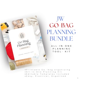 May include: A white Go-Bag Planning Checklist with a backpack icon, surrounded by emergency supplies. The text "JW GO-BAG PLANNING BUNDLE" is in red and blue. The image also includes the text "ALL-IN-ONE PLANNING TOOL-KIT".