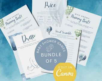 Jeux de baby shower en montgolfière, faire-part sur le thème bleu garçon, modèle canva modifiable, baby shower de garçon, faire-part de bébé, invitation de baby shower