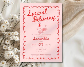 Italian pizza baby shower invitation, Special Delivery themed baby shower invite, Hand drawn minimalist baby invite, Baby shower template