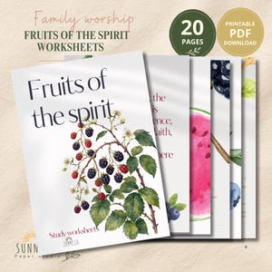 Könnte beinhalten: Ein Set aus 20 druckbaren PDF-Arbeitsblättern mit dem Titel Fruits of the Spirit, die Aquarellillustrationen von Brombeeren, Wassermelone und Blaubeeren zeigen. Das Deckblatt enthält den Text Fruits of the spirit und Study worksheets von Sunny Co.