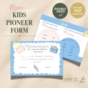 Könnte beinhalten: Ein doppelseitiges, druckbares Mini-Pionier-Formular für Kinder mit hellblauen Wellenrändern, einer blauen Aktentaschen-Illustration und Texten wie "Mini pioneer form", "Go...and make disciples - Matt 28:19" und "Pioneer hour record".