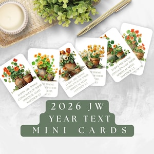 May include: Mini cards with watercolor illustrations of potted flowers. Each card features the text "HAPPY ARE THOSE CONSCIOUS OF THEIR SPIRITUAL NEED, MATTHEW 5:3." The cards are labeled "2026 JW YEAR TEXT MINI CARDS."