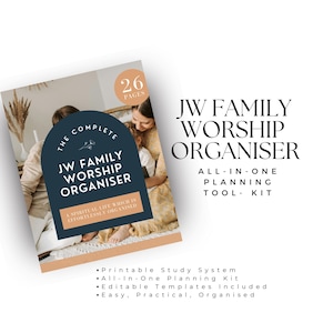 May include: A planner titled "JW Family Worship Organiser" with a navy blue and white design. The cover features a photo of a family and the text "26 Pages". Additional text includes "Printable Study System" and "All-In-One Planning Kit".