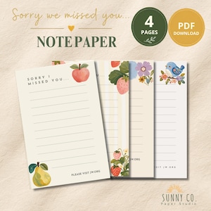 Könnte beinhalten: Vier Seiten liniertes Briefpapier mit Illustrationen von einem Apfel, einer Birne, Erdbeeren, Blumen und einem blauen Vogel. Der Text lautet Sorry we missed you, Sorry I missed you und Please visit JW.ORG auf den einzelnen Blättern.
