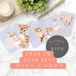 May include: Mini cards featuring illustrations of a bunny, deer, and foxes adorned with floral crowns. The cards display the text "Happy are those conscious of their spiritual need." Designed for children.