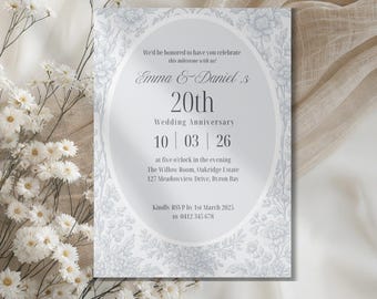 Editable Blue and white Toile anniversary invitation, minimal, classical, whimsical party invite. edit in canva.
