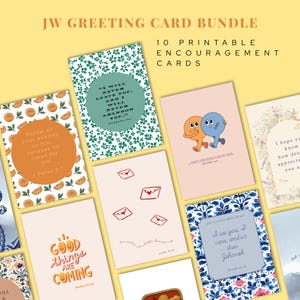 Könnte beinhalten: Ein Paket mit 10 druckbaren Ermutigungskarten. Die Karten zeigen verschiedene Designs, darunter florale Muster, Zeichentrickfiguren und inspirierende Zitate. Der Text auf den Karten enthält Sätze wie "Gute Dinge kommen" und Bibelverse.