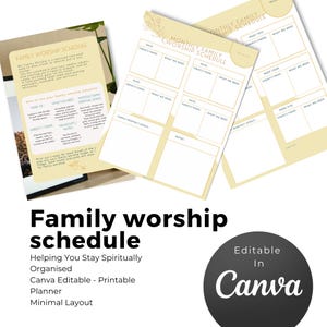 May include: A stack of printable family worship schedule planners with a minimalist design. The planners are cream-colored with sections for dates, subjects, and notes. The text "Family worship schedule" is displayed in large, bold letters.