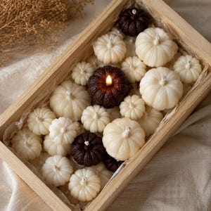 May include: A rectangular wooden box filled with numerous small, pumpkin-shaped candles in shades of cream, white, and dark brown. One dark brown pumpkin candle is lit, displaying a small flame. The candles are arranged closely together inside.