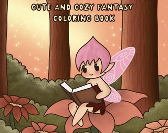 May include: A colouring book cover featuring a fairy with pink hair and wings reading a book while sitting on a flower. The background is a forest with a sunset sky. The title of the book is "Mystical Meadows Cute and Cozy Fantasy Colouring Book" and the author is "Bambi Colors".