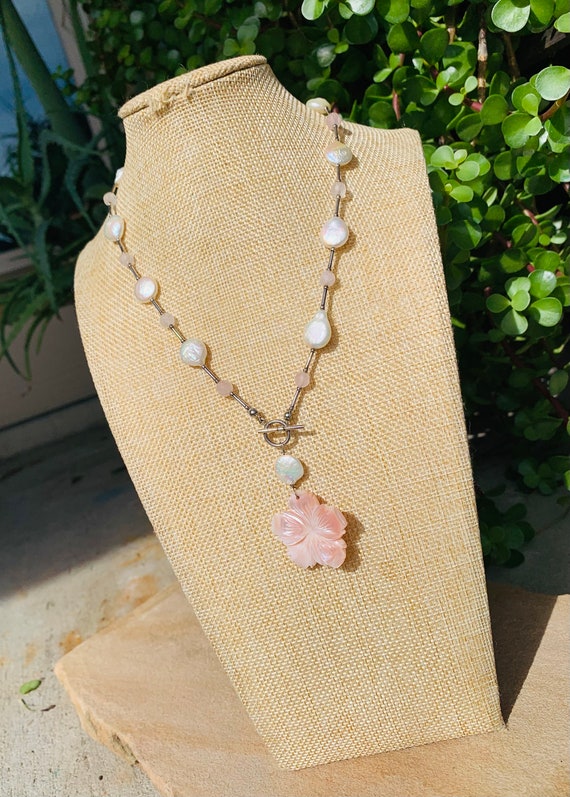 Vintage Pearl Rose Quartz Necklace - image 1