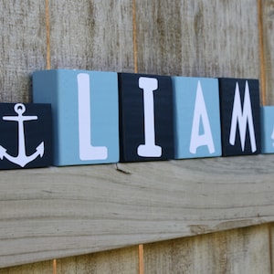 PERSONALIZED LETTER BLOCKS Custom Nautical Boy Room Nursery Decor Baby Shower Sailboat Anchor Ship Blue Red Name Sign image 1