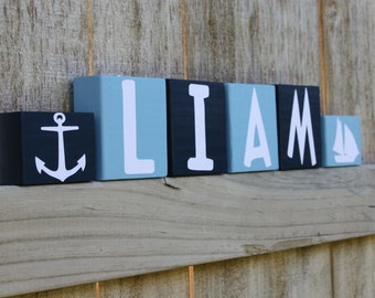 PERSONALIZED LETTER BLOCKS - Custom Nautical Boy Room - Nursery Decor - Baby Shower Sailboat Anchor Ship Blue Red Name Sign