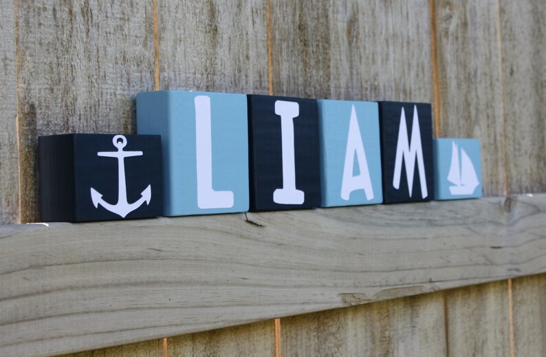 PERSONALIZED LETTER BLOCKS Custom Nautical Boy Room Nursery Decor Baby Shower Sailboat Anchor Ship Blue Red Name Sign image 1
