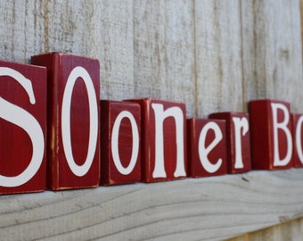 CUSTOM OU BLOCKS - Boomer Sooner Game Day Decor - University of Oklahoma Centerpiece - Crimson College Football Sign - Grad Alum Gift